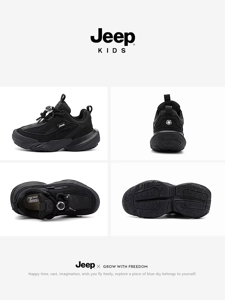 Giày thể thao nam màu đen của Jeep, chất liệu da, mùa thu đông, giày trẻ em, kiểu lười, mới năm 2024, giày chạy bộ trẻ em