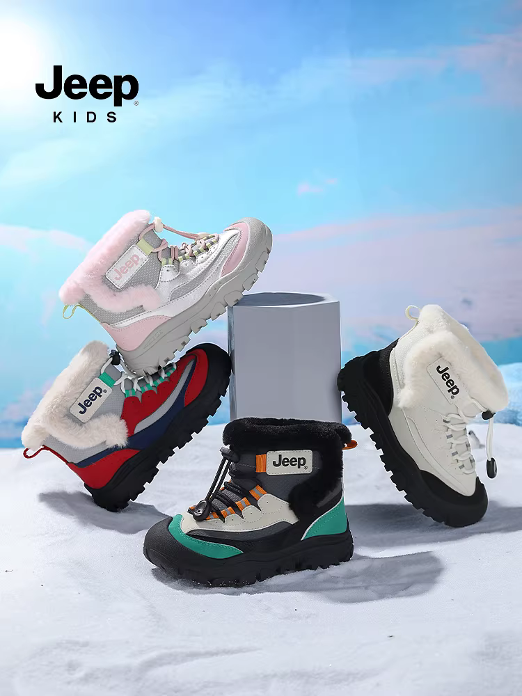 Giày bốt cotton trẻ em Jeep có lớp lót lông cừu và lót dày dành cho bé trai, giày đi tuyết mẫu mới 2025, tích hợp da và lông thú, chống trơn trượt, giày cotton cỡ lớn dành cho bé gái.