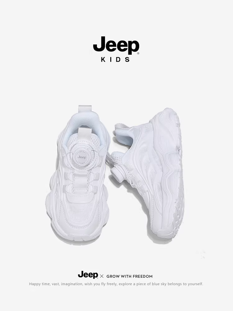 Giày thể thao trẻ em Jeep dành cho bé trai và bé gái, mẫu mùa xuân và mùa thu màu trắng, mẫu mới mùa thu 2024, giày trắng cỡ vừa và lớn dành cho trẻ em để chạy bộ