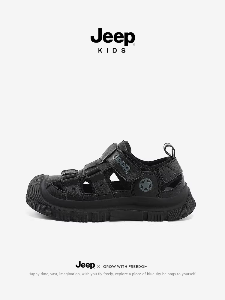 Dép nam Jeep, kiểu dáng mùa hè màu đen, giày đi biển mũi kín nhẹ, mẫu mới 2025 dành cho trẻ lớn, giày nam.