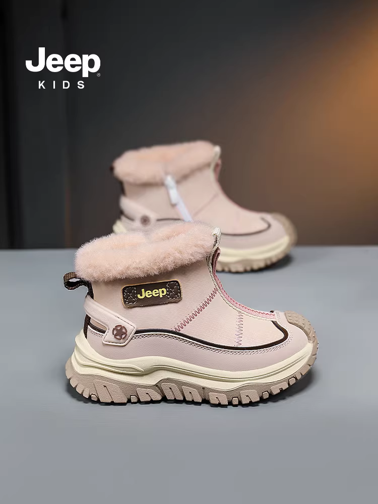 Giày bốt đi tuyết cho bé trai Jeep có lớp lót lông cừu, giày cotton cỡ lớn ấm áp, giày trẻ em lông thú mới mùa đông 2025, giày bốt cotton trẻ em chống lạnh.