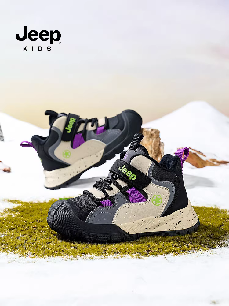 Giày thể thao bé trai Jeep mùa đông 2024 kiểu mới lót lông cừu da giày trẻ em giày cotton giày dán khóa đôi cotton giày trẻ em