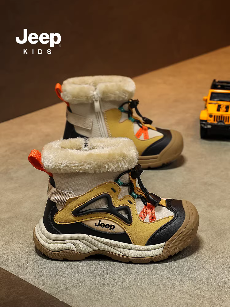 Giày bốt cotton cỡ lớn dành cho bé trai Jeep, đế dày chống trơn, lót lông cừu, giày bốt mùa đông mới 2025 dành cho bé gái