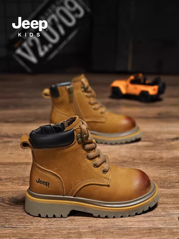 Giày bốt trẻ em Jeep da thật Giày bốt da mùa thu đông dành cho bé trai và bé gái Giày bốt màu vàng chống thấm nước mùa đông 2025 Giày bốt cotton lót lông cừu