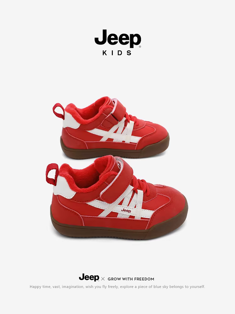 Giày thể thao trẻ em Jeep màu đỏ Trung Quốc phiên bản giới hạn có lớp lót lông mềm, giày thể thao cổ trung Baonan, mẫu giày nữ mới mùa đông 2025.