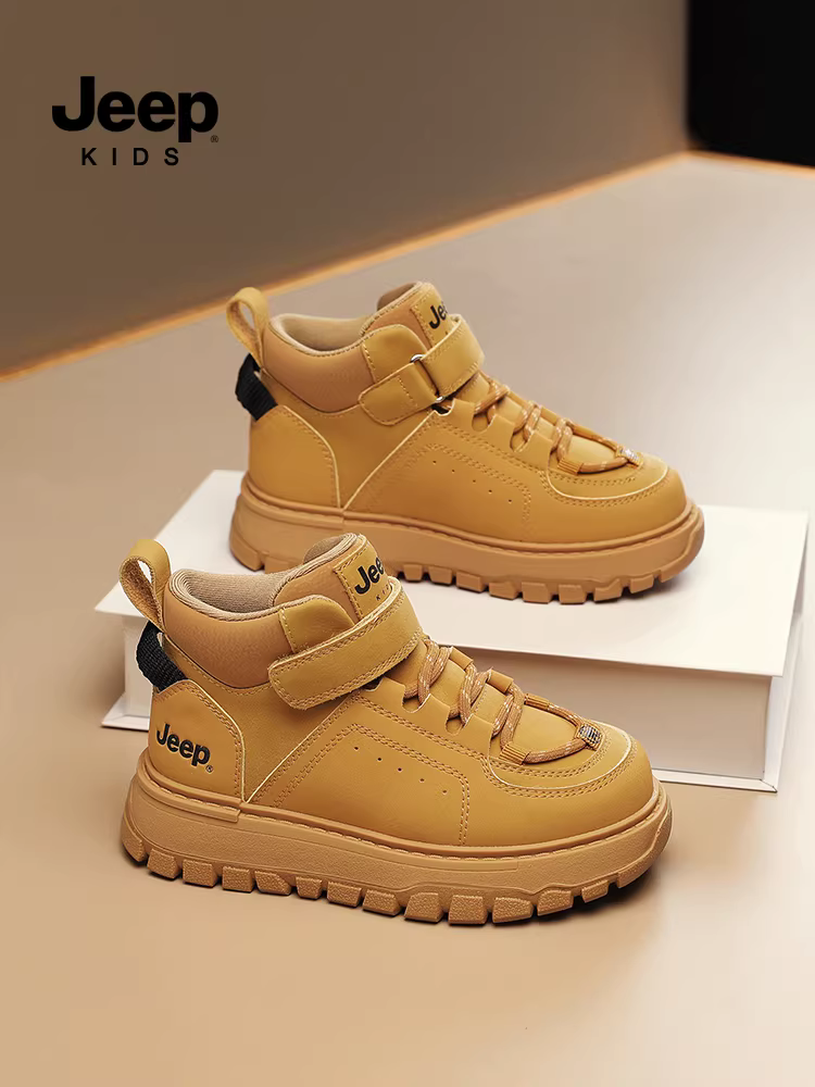 Giày cao cổ lót lông màu nâu cho trẻ em Jeep mùa đông 2025 kiểu mới giày thể thao bé trai và bé gái giày cotton đôi bé gái