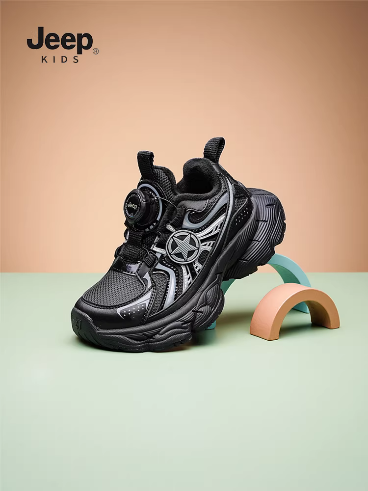 Giày trẻ em Jeep màu đen kiểu bố mùa thu đông, giày bông nhẹ, cài nút, dành cho bé gái, mẫu mới 2025, giày thể thao lông mềm cho bé trai
