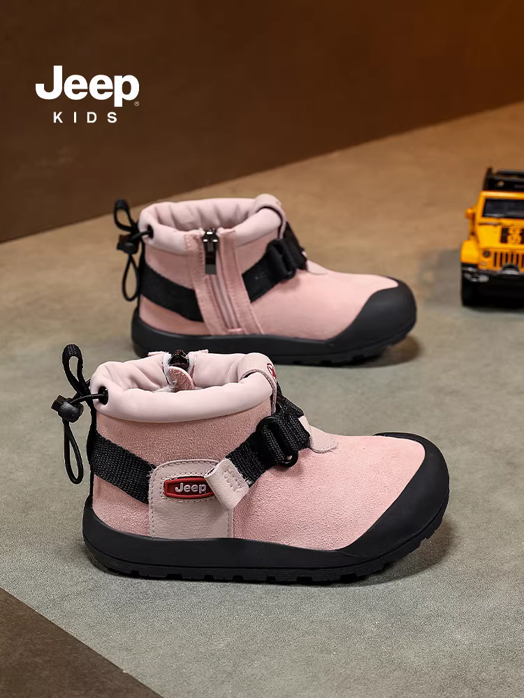 Giày bốt đi tuyết Jeep có thêm lớp lông cừu và lớp lót dày dành cho bé gái, giày cotton mới 2025, giày cotton hai lớp chống trượt ngoài trời mùa đông dành cho trẻ em.