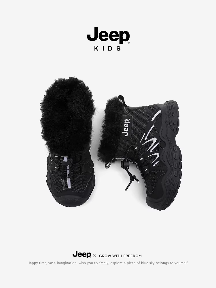 Giày bốt cotton cho bé trai Jeep màu đen, lót lông cừu, tích hợp da và lông thú, giữ ấm, đi tuyết, mùa đông 2025, giày cotton cỡ lớn mới cho trẻ em