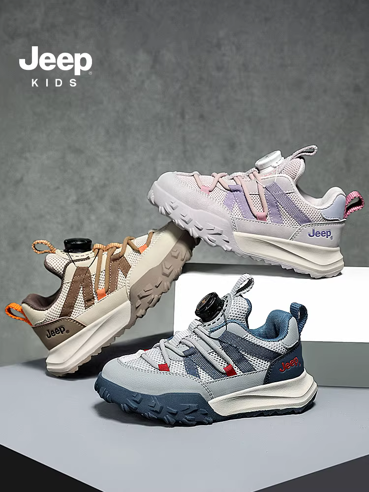 Giày trẻ em Jeep, giày bé gái, giày đế mềm mới mùa xuân 2024, giày thể thao trẻ em có nút xoay lưới thoáng khí