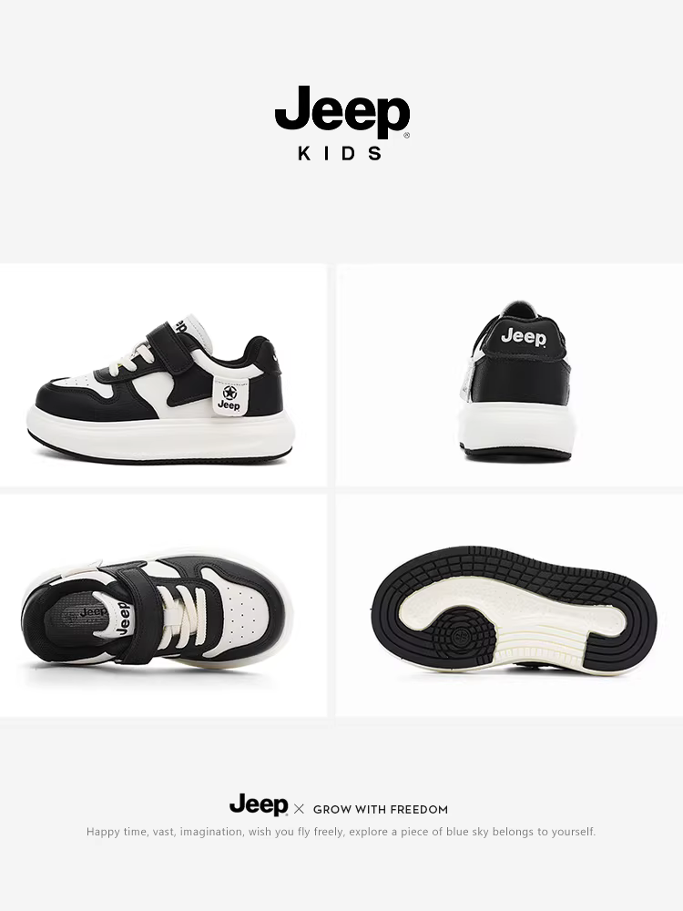 Giày thể thao trẻ em Jeep mùa thu đen trắng đế mềm chống trơn giày trẻ em 2025 giày thể thao trắng mới