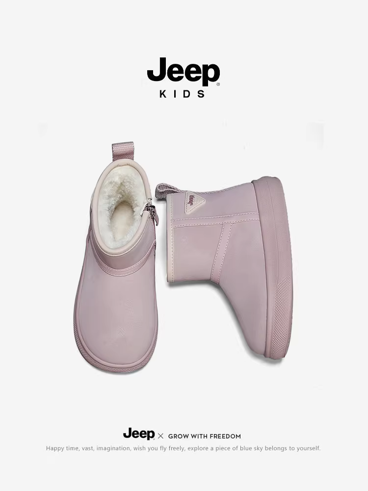 Giày bốt đi tuyết dành cho trẻ em Jeep dành cho bé gái, giày bốt cotton dày và lót lông cừu, giày cotton cỡ lớn màu hồng chống trượt và chống mài mòn mùa đông 2025 dành cho bé gái