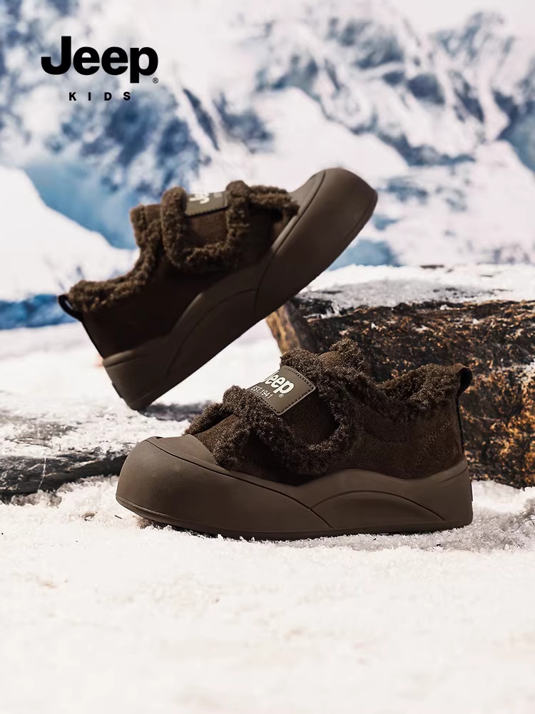 Giày lông thú Jeep cho bé trai, giày thể thao cổ thấp lót lông cừu mùa đông cho bé gái, giày cotton hai lớp mới năm 2024 cho trẻ em, giữ ấm.