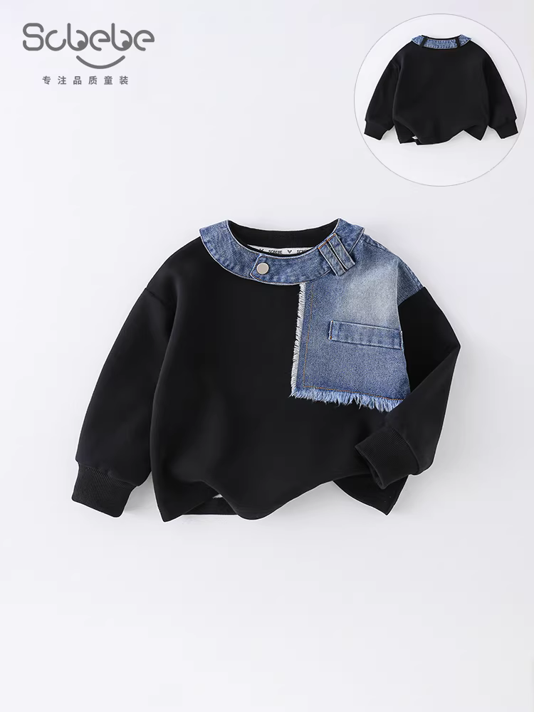 Áo thun dài tay phối denim cho bé và trẻ nhỏ, mẫu mới thu đông 2025, áo lót thời trang cho bé