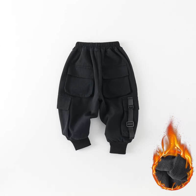 Quần cargo lót lông cừu trẻ em, kiểu thu đông mới, quần dài bé trai, phong cách Hàn Quốc, quần jogger nhiều túi AK336