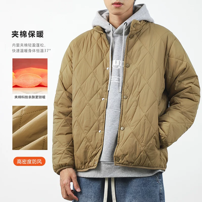 Áo khoác đệm bông họa tiết kim cương OMZM dành cho nam, áo khoác cotton dày dặn giữ ấm mùa đông, áo khoác cổ điển Nhật Bản có cổ bóng chày.