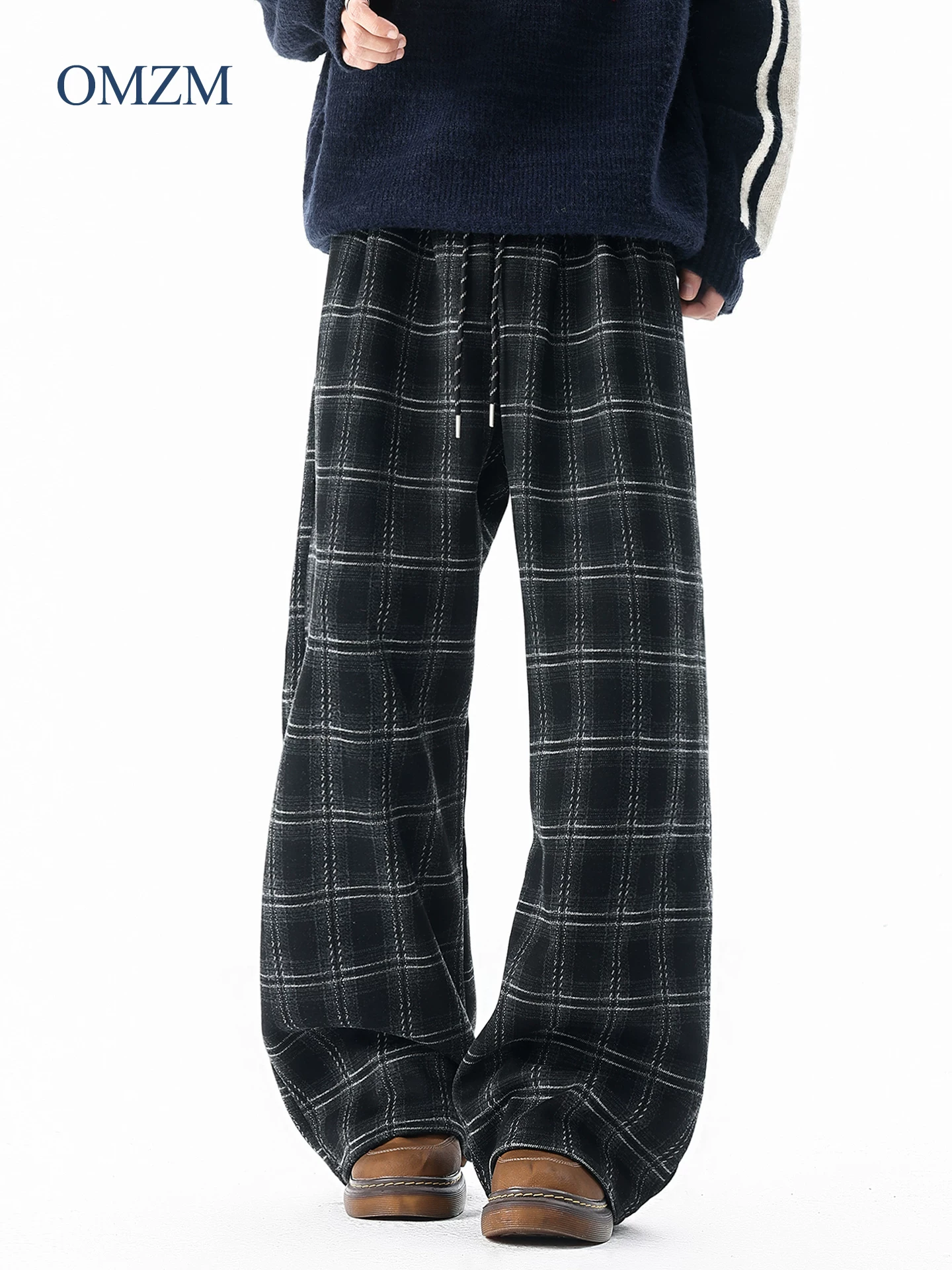 Quần âu kiểu Mỹ có lót lông cừu kiểu Mỹ dành cho nam, quần ống rộng dài đến sàn kiểu cổ điển mùa đông, quần dài kẻ sọc ấm áp.