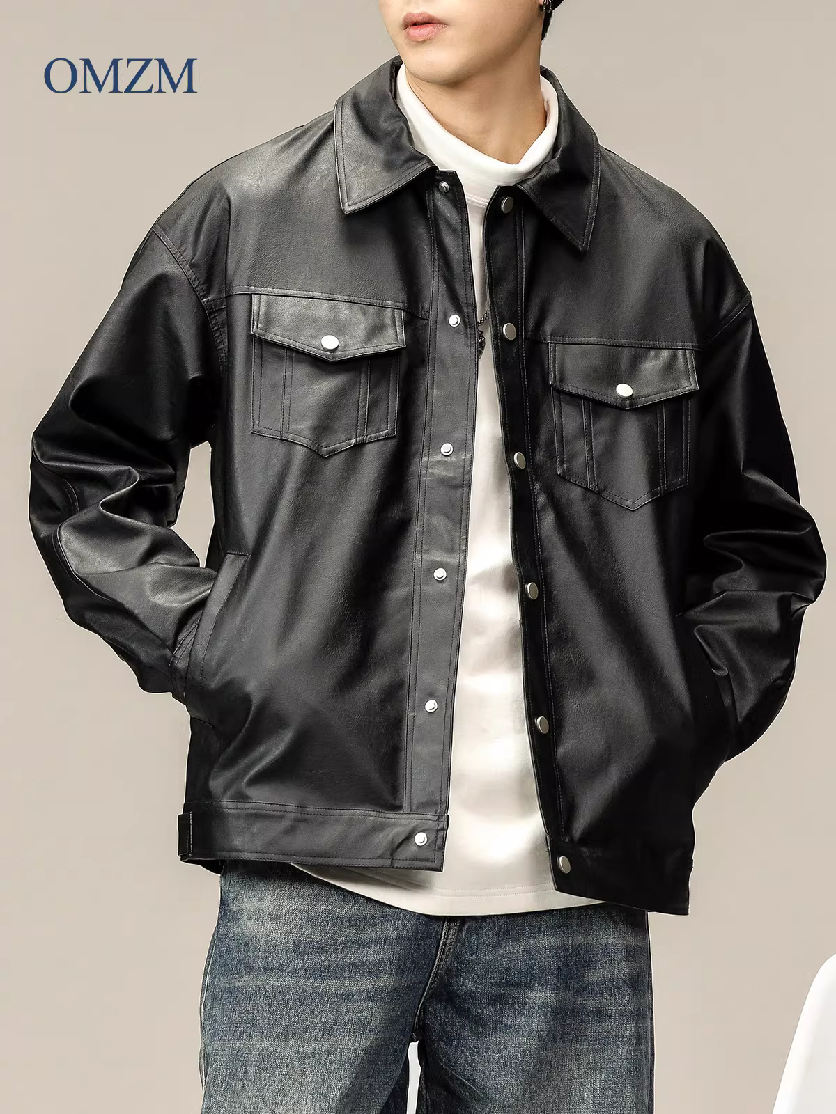 Áo khoác da PU kiểu Mỹ cổ điển OMZM dành cho nam, mẫu mới 2024, phong cách đường phố thời thượng, kiểu dáng áo khoác da biker có ve.