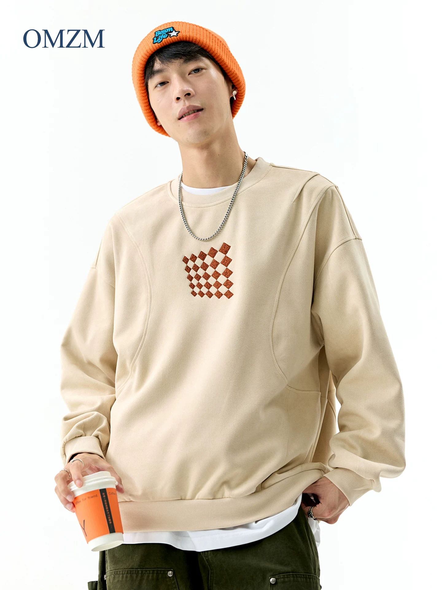 Áo len da lộn hạng nặng OMZM380G dành cho nam, áo sơ mi dài tay cổ tròn thêu chắp vá phong cách Mỹ mùa thu