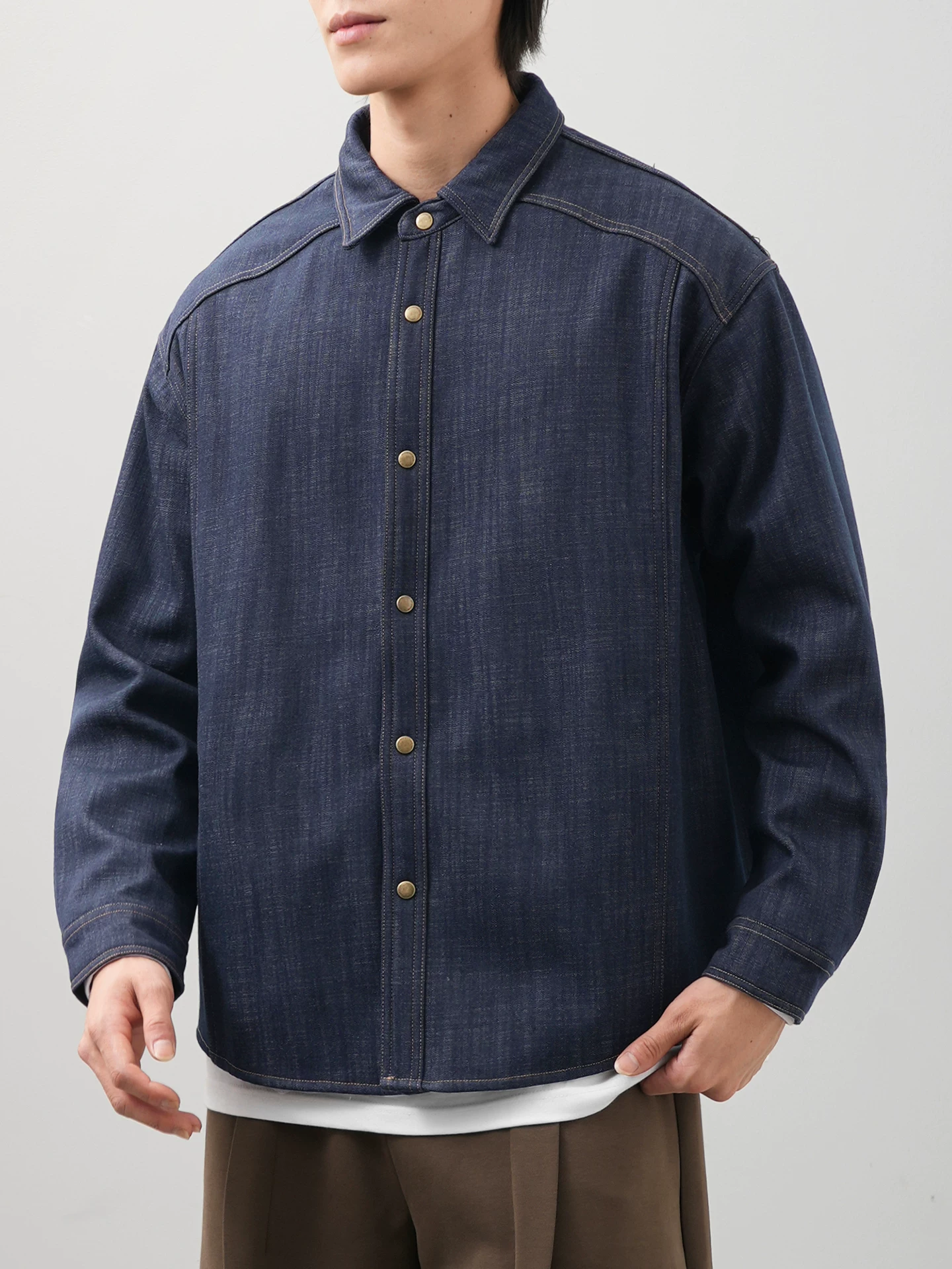 Áo sơ mi lót lông giả denim OMZM dành cho nam, áo sơ mi họa tiết tre dày dặn ấm áp mùa đông, áo khoác bảo hộ lao động cổ điển phong cách Hồng Kông