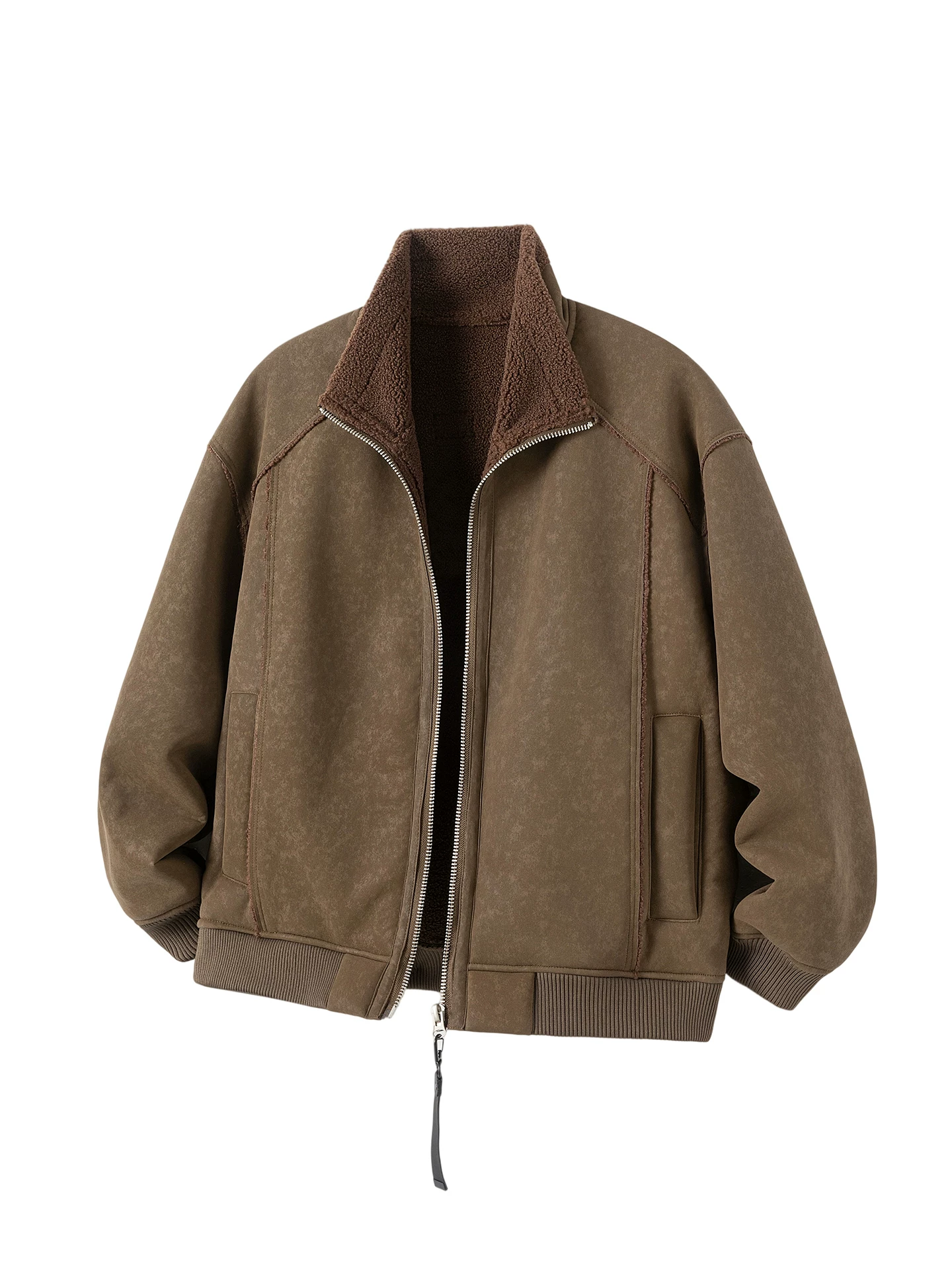 Áo khoác cotton dày lót lông cừu OMZM dành cho nam, áo khoác cổ đứng ấm áp mùa đông, áo khoác da lộn tích hợp da và lông cao cấp