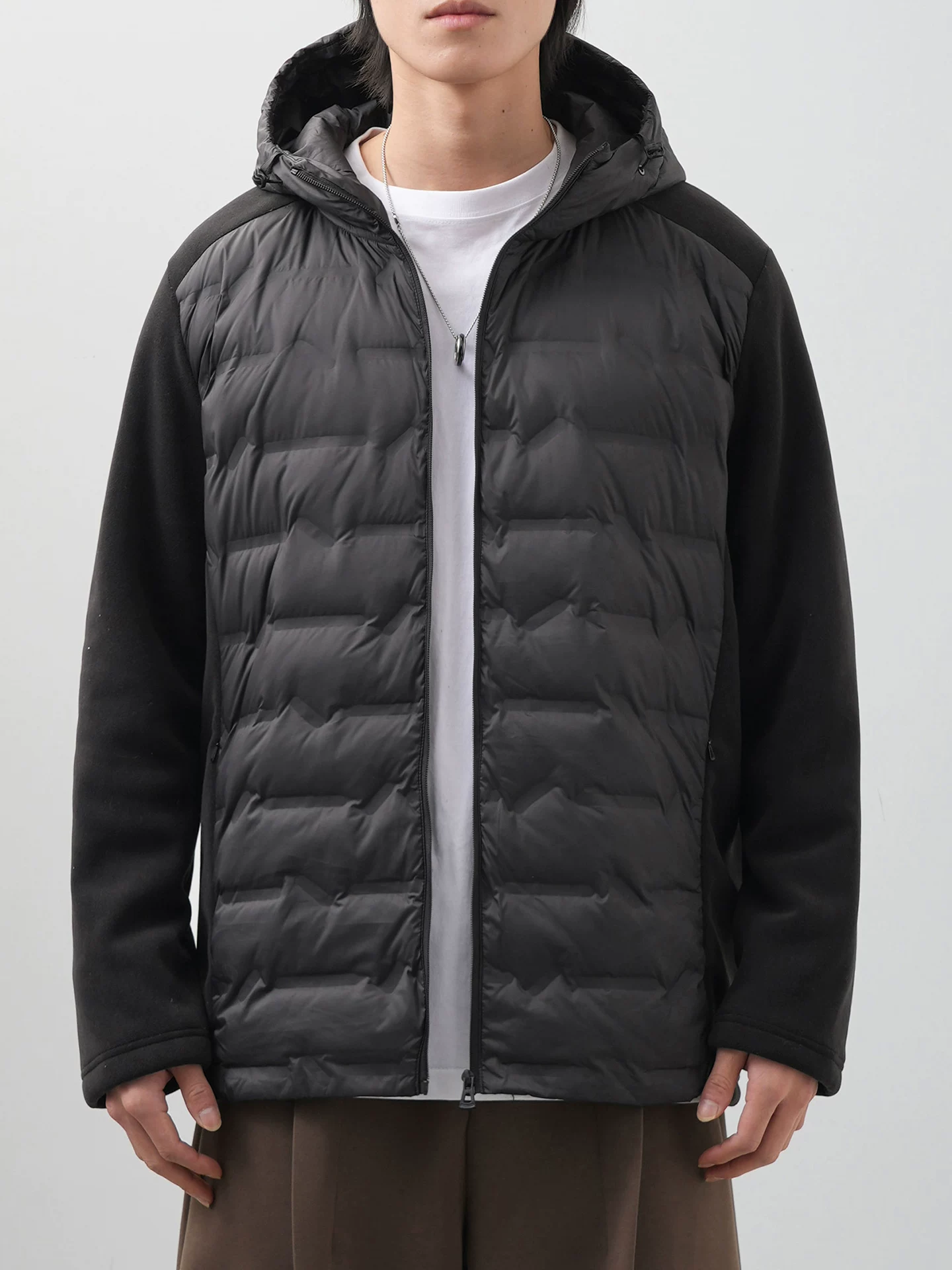 OMZM90 áo khoác lông vịt trắng nam mùa đông chắp vá lông cừu cực ấm áp áo khoác lông cừu nhẹ có mũ trùm đầu