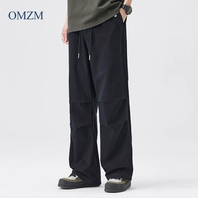 Quần dù rộng ống chất liệu cotton nguyên chất hạng nặng OMZM dành cho nam, mẫu mới hè 2025, quần dài rộng rãi, kiểu dáng gọn gàng, quần thường ngày thời trang