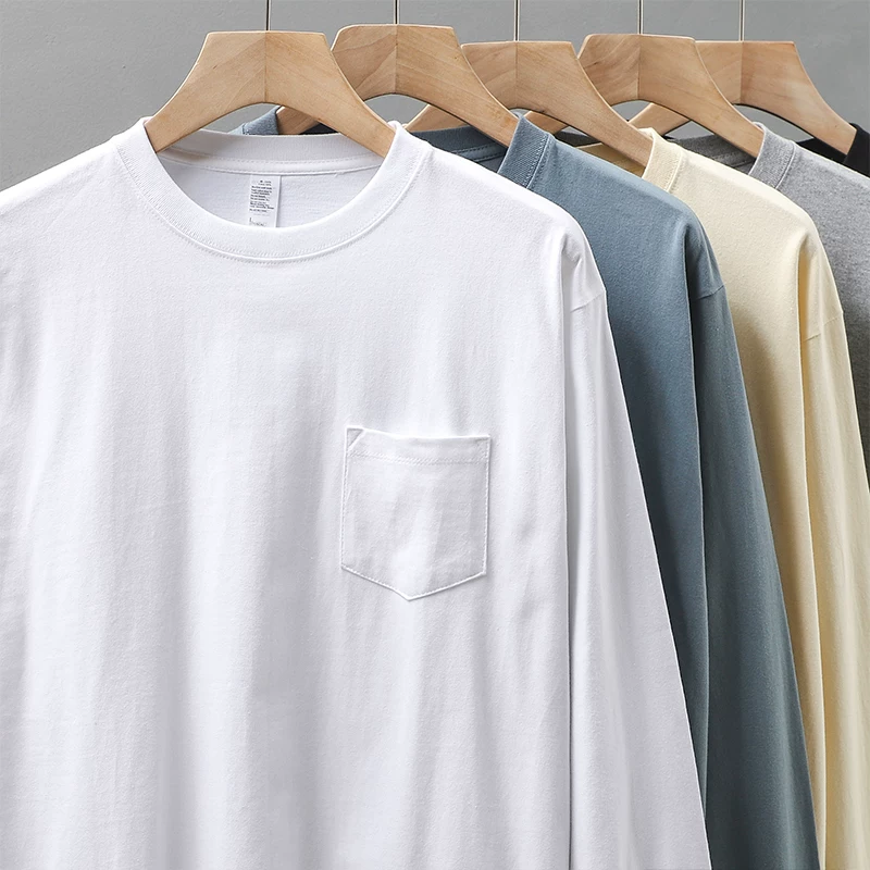 Áo thun cotton nguyên chất hạng nặng 300G dành cho nam, áo len cổ tròn dài tay phong cách retro Nhật Bản, áo sơ mi lớp nền màu trơn mùa xuân và mùa thu.