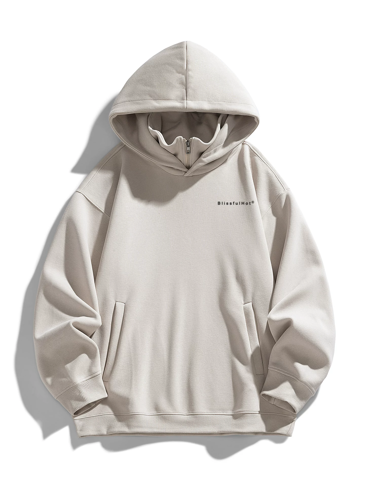 Áo nỉ có mũ giả hai mảnh OMZM dành cho nam, mùa thu đông, áo chui đầu in chữ hạng nặng 320G, áo khoác nửa khóa kéo phong cách Mỹ