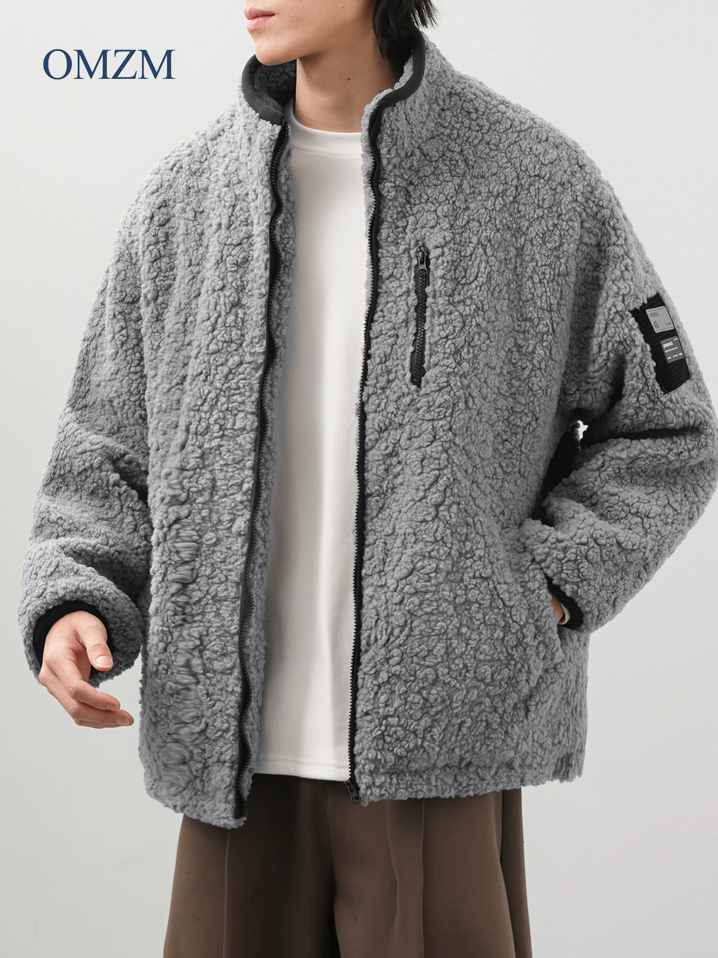 Áo khoác cotton cổ đứng kiểu Mỹ OMZM dành cho nam, áo khoác cotton dày dặn lót lông cừu mùa đông, áo khoác len cừu trắng.