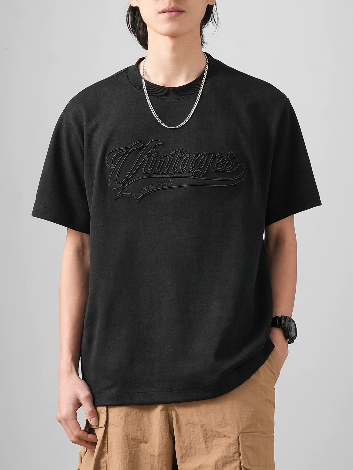 Áo thun nam tay ngắn chất liệu dày 400G, kiểu dáng mùa hè, phong cách retro Mỹ, thêu chữ, cổ tròn, dáng rộng, tay lửng