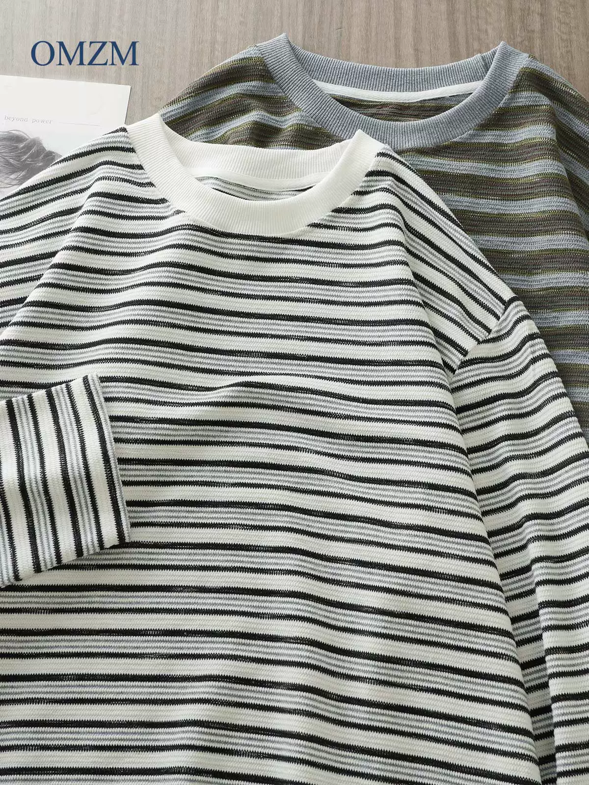 Áo thun dài tay sọc hạng nặng OMZM300G dành cho nam, dáng rộng mùa thu, áo nỉ phối màu cổ điển Nhật Bản, áo sơ mi cổ tròn