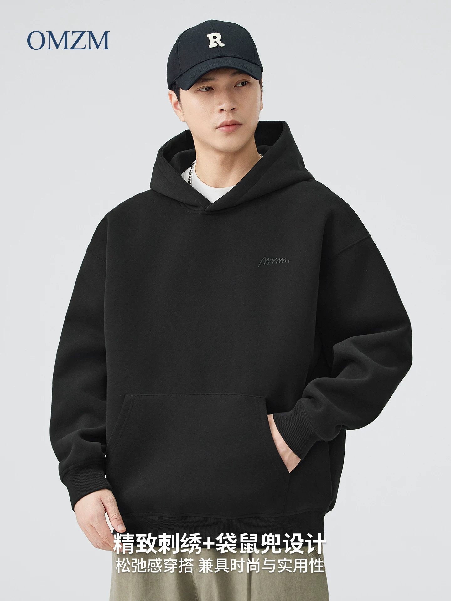 Áo hoodie nỉ dày 420G dành cho nam, mùa thu đông, kiểu Mỹ, thêu chữ, áo trơn màu xám rộng rãi