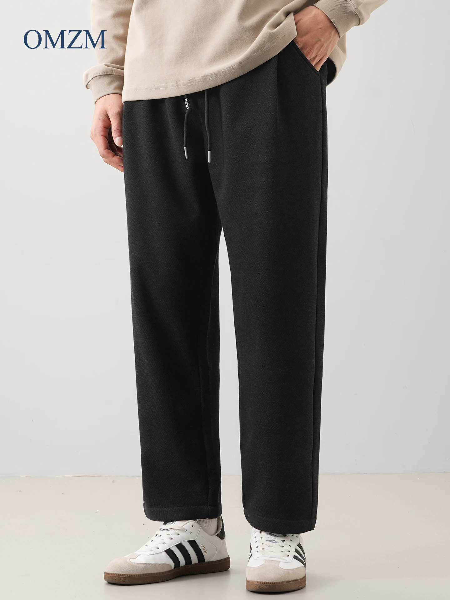 Quần len dày OMZM dành cho nam, phong cách cổ điển mùa đông, lót lông cừu, quần ấm áp thường ngày, quần ống đứng rộng thùng thình