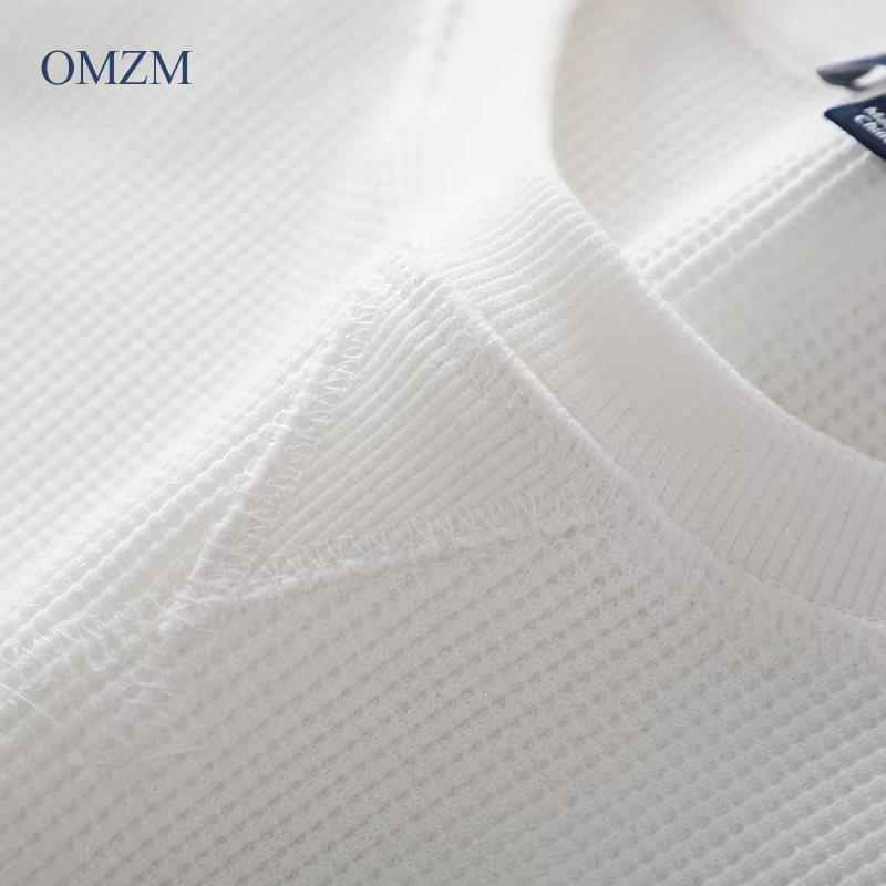 Áo len dệt kim kiểu nặng kiểu Mỹ của OMZM dành cho nam, áo sơ mi mùa thu hình tam giác ngược bằng cotton nguyên chất cao cấp, áo khoác cổ tròn màu trơn.