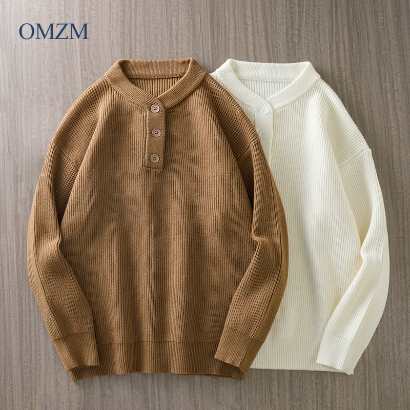 Áo len cổ trụ OMZM Henry dành cho nam, thu đông 2024, chất liệu len dệt kim ấm áp, phong cách lười biếng, màu trơn, áo len mặc trong