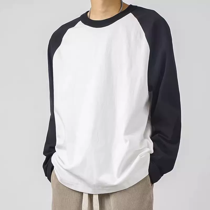 Áo thun dài tay hạng nặng 400G kiểu Mỹ dành cho nam, áo sơ mi cổ tròn bằng cotton nguyên chất mùa xuân và mùa thu, áo nỉ chắp vá màu đen và trắng.