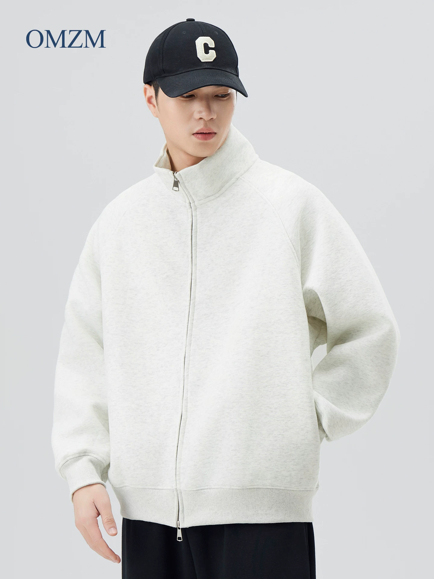 Áo len cardigan cổ đứng hạng nặng kiểu Mỹ của OMZM dành cho nam giới, áo khoác dáng rộng có khóa kéo ấm áp mùa thu đông kiểu dáng áo khoác đường phố cao cấp