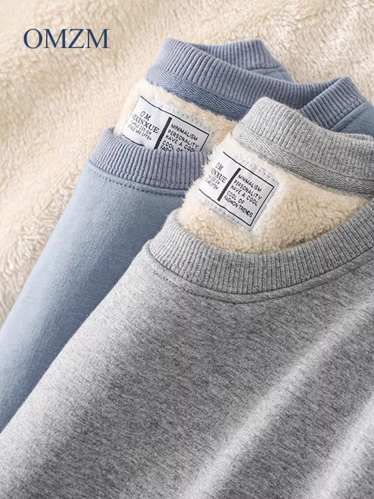 Áo len lót lông cừu dày OMZM dành cho nam, lớp lót giữ nhiệt siêu dày mùa đông, áo khoác len cừu cổ tròn.