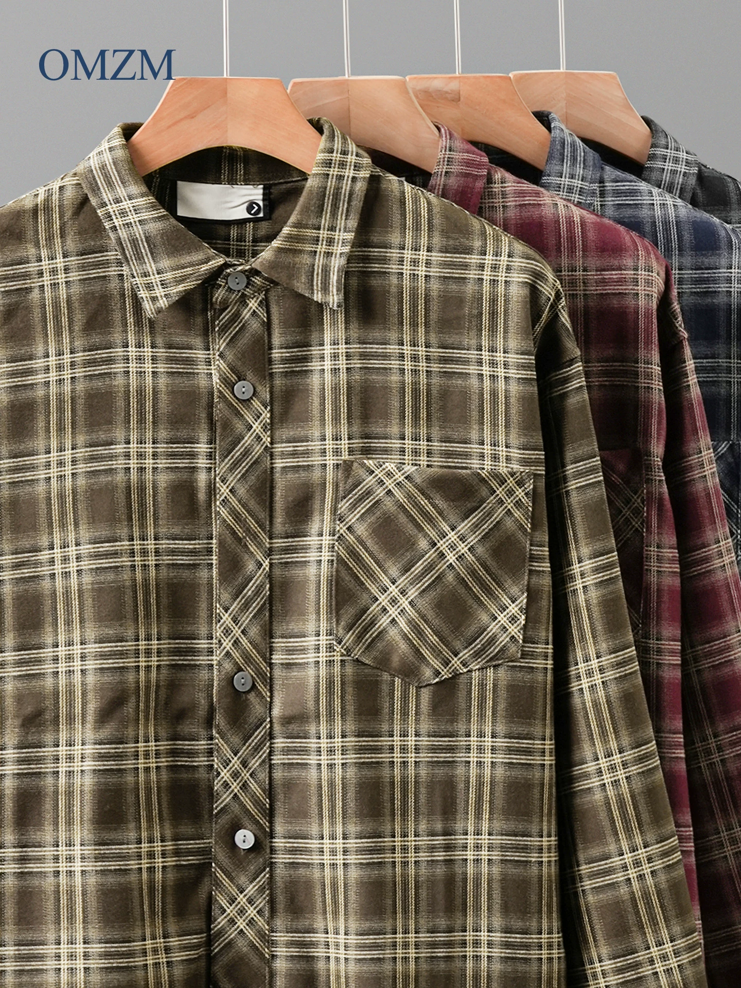 OMZM hạng nặng áo sơ mi kẻ sọc flannel nam dài tay mùa thu Mỹ cổ điển áo sơ mi kẻ sọc chải cardigan áo khoác
