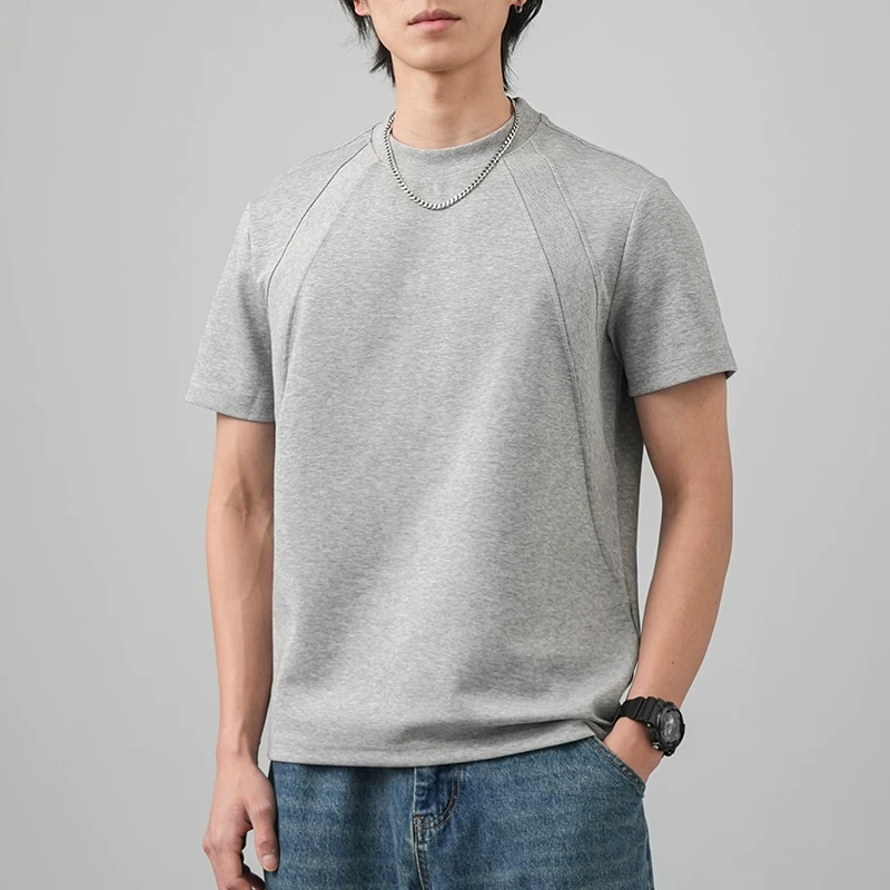 Áo thun cotton không gian hạng nặng OMZM280G dành cho nam và nữ, thiết kế mùa hè với áo thun nửa tay màu trơn có viền màu trơn, kiểu dáng hộp, vai thường