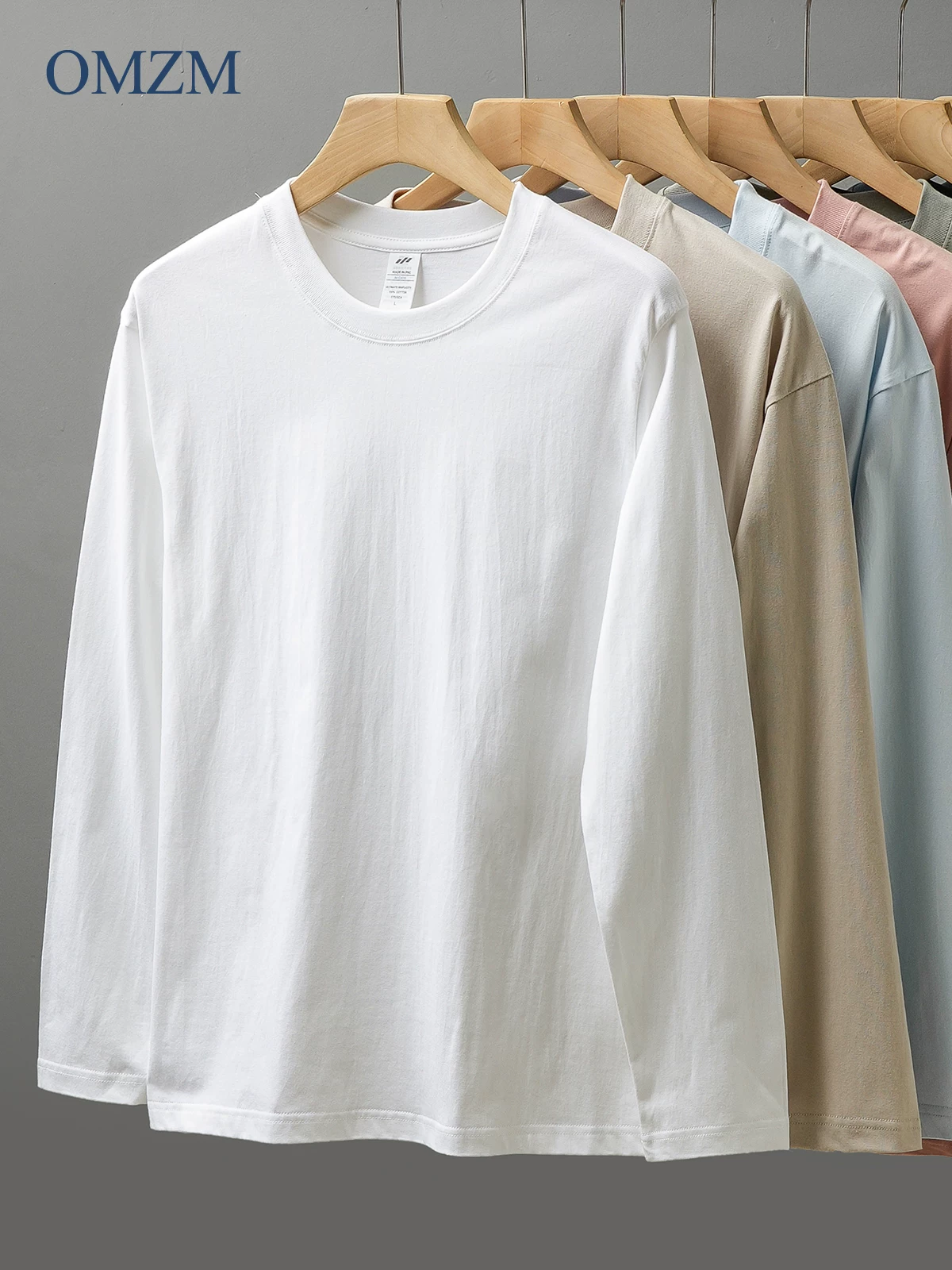 OMZM Áo thun dài tay bằng cotton nguyên chất hạng nặng 230G phong cách Mỹ dành cho nam, áo sơ mi cổ tròn dáng rộng mùa xuân thu, áo chui đầu màu trơn