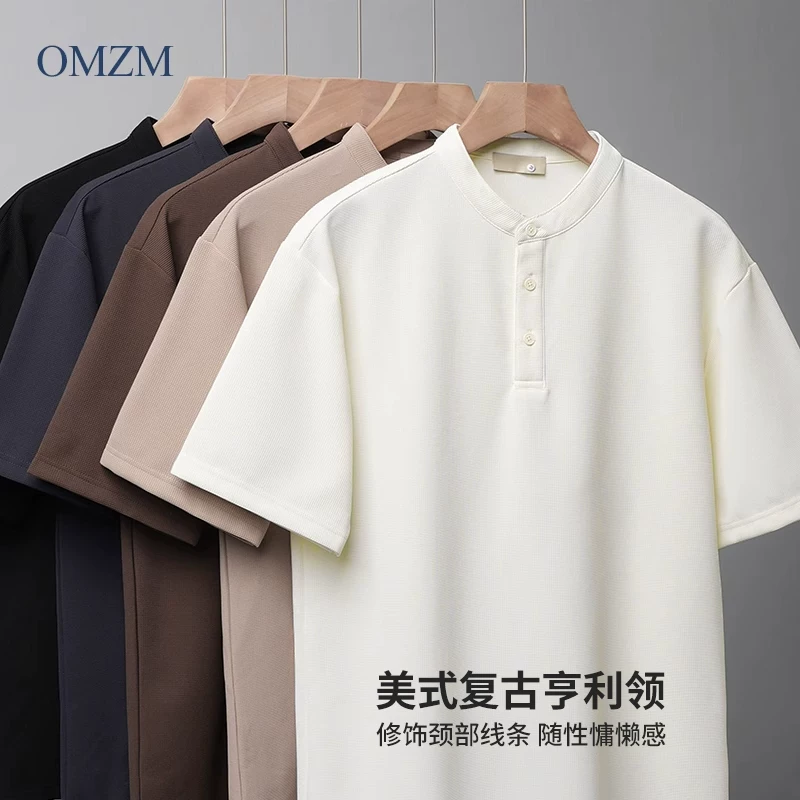 Áo thun nam cổ henley tay ngắn OMZM250G, chất liệu vải waffle thoáng khí mùa hè, kiểu dáng Mỹ, màu trơn.