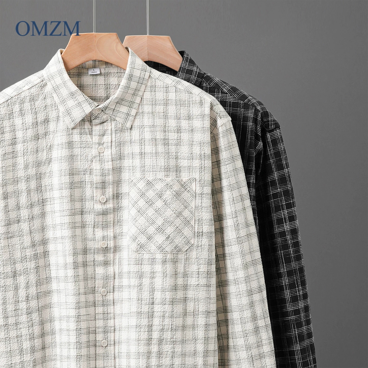 Áo sơ mi kẻ sọc bong bóng OMZM dành cho nam, dài tay, mùa thu, phong cách Nhật Bản, nghệ thuật, dáng rộng, áo sơ mi oversized, áo khoác có cổ