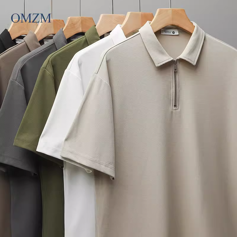 OMZM Áo thun polo nam tay ngắn kiểu Mỹ nặng ký kiểu núi mùa hè hợp thời trang cổ điển có khóa kéo cổ áo thun dành cho nam
