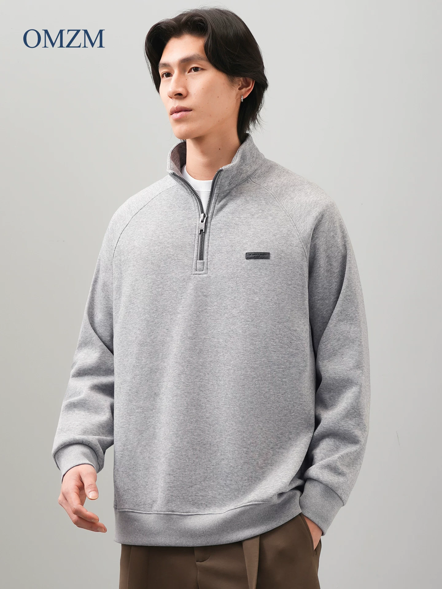 Áo nỉ nửa khóa kéo OMZM dành cho nam, dày dặn cho mùa thu đông, lớp lót lông cừu, cổ đứng, áo khoác dài tay giữ nhiệt.