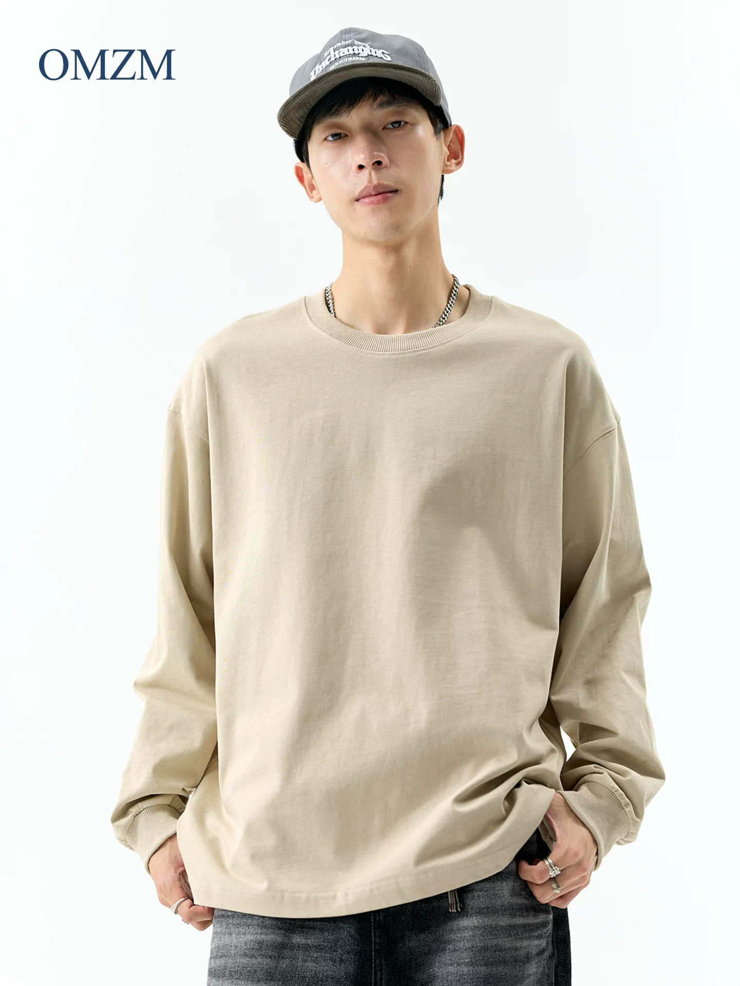 Áo thun dài tay bằng cotton nguyên chất hạng nặng OMZM300G dành cho nam, áo sơ mi cổ tròn dáng rộng phong cách Mỹ mùa thu, áo len màu trơn