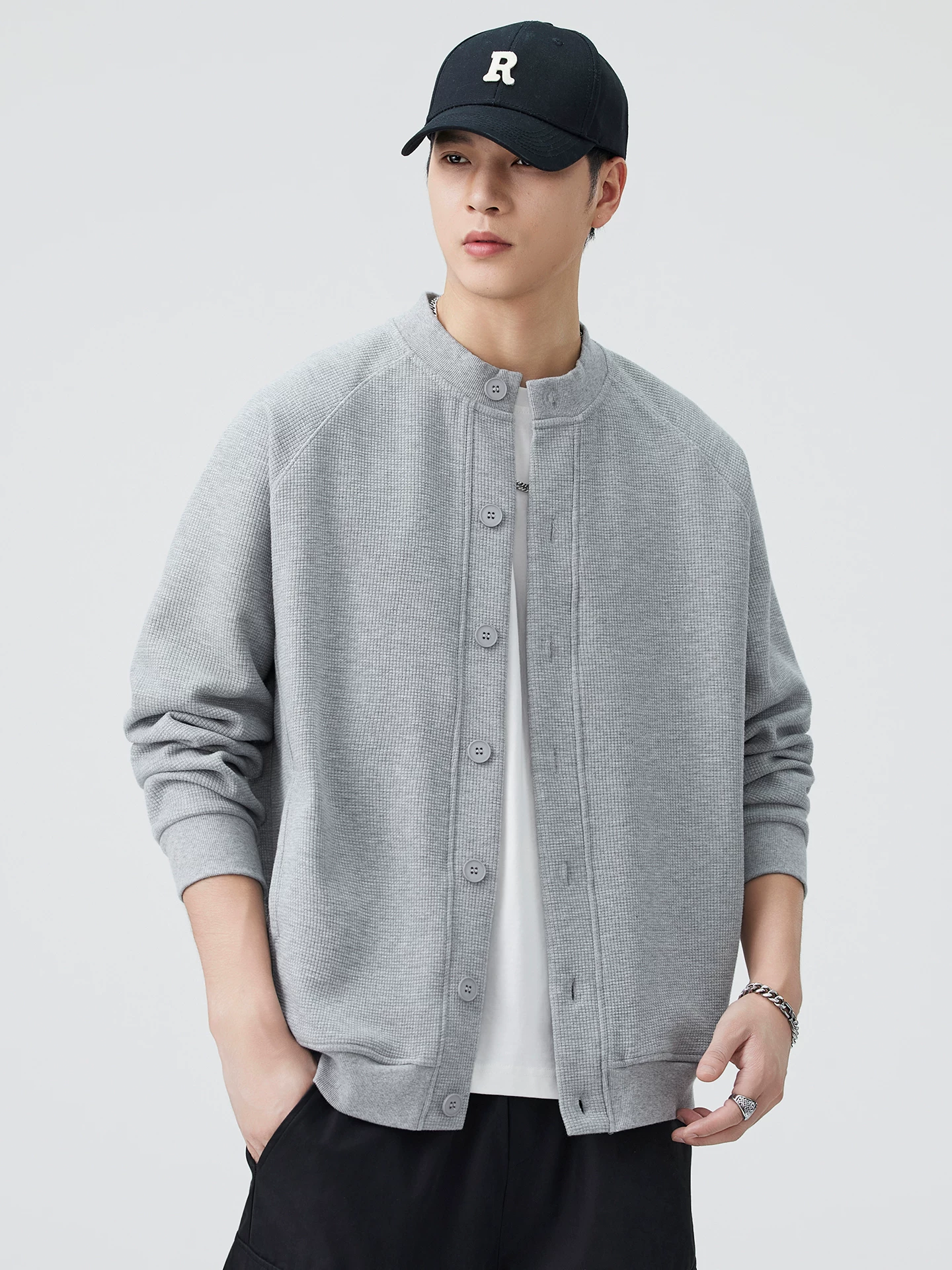 Áo len cardigan hạng nặng OMZM470G dành cho nam, áo khoác waffle cao cấp mùa thu, áo khoác thường ngày kiểu dáng rộng rãi và lười biếng