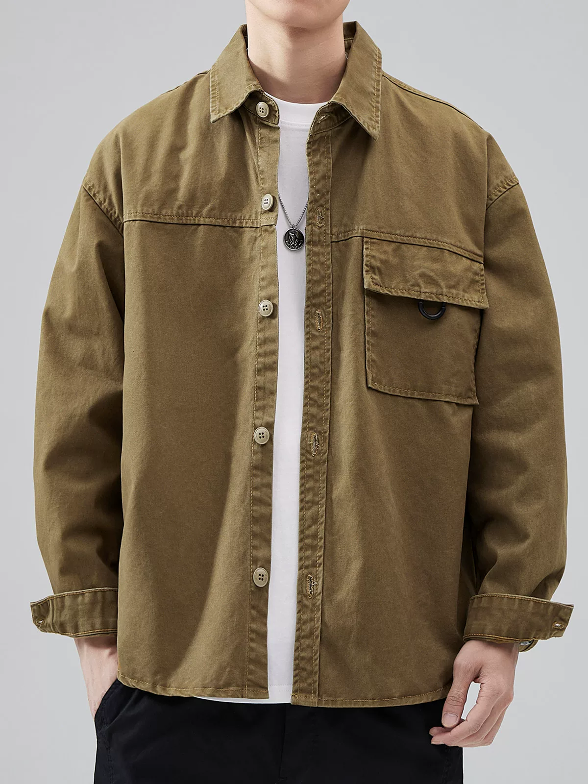 Áo khoác denim có túi bằng vải cotton nguyên chất hạng nặng OMZM dành cho nam, áo khoác kiểu cổ điển kiểu Mỹ cao cấp mùa xuân và mùa thu kiểu áo sơ mi cổ điển hợp thời trang