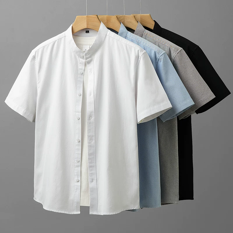 Áo sơ mi Oxford hạng nặng OMZM dành cho nam, tay ngắn, áo sơ mi cổ đứng kiểu Trung Quốc mới mùa hè, áo sơ mi trắng giản dị cao cấp